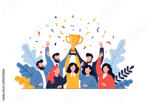 Modern flat vector illustration of employees celebrating company milestone with trophy and confetti, corporate achievement concept