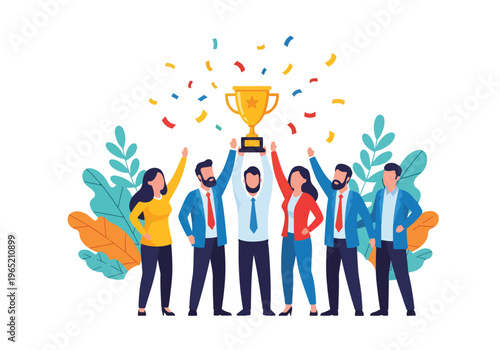 Modern flat vector illustration of employees celebrating company milestone with trophy and confetti, corporate achievement concept