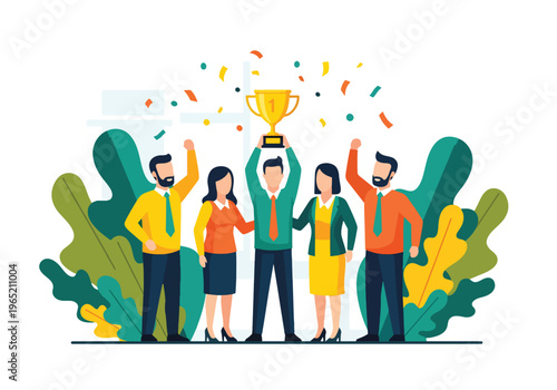 Modern flat vector illustration of employees celebrating company milestone with trophy and confetti, corporate achievement concept