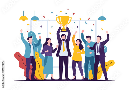 Modern flat vector illustration of employees celebrating company milestone with trophy and confetti, corporate achievement concept