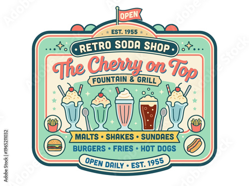 Vibrant Retro Soda Shop Signboard Illustration with Classic American Diner Food and Drink Offerings in a Vintage Style
