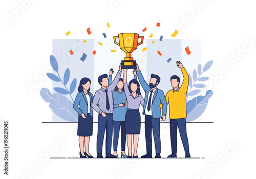 Modern flat vector illustration of employees celebrating company milestone with trophy and confetti, corporate achievement concept