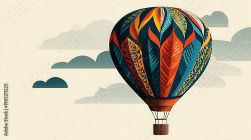 Colorful hot air balloon soaring above serene clouds