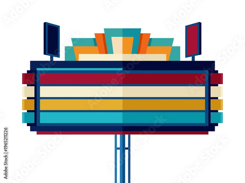 Retro flat vector illustration of a classic cinema marquee, showcasing a clean and vibrant design for entertainment and event notices.