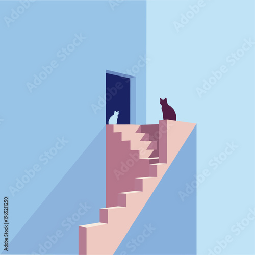 Minimalist architectural vector of cats on a pastel staircase with surreal shadows