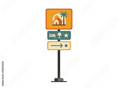 Minimalist flat vector illustration of a tall roadside signboard providing directions to a tropical holiday resort or motel accommodation.