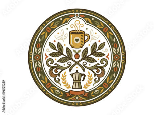 Retro coffee shop emblem with steaming mug and moka pot, a vintage flat vector illustration for cafe branding and beverage menus.