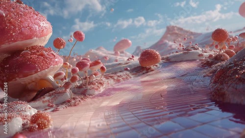 Shiny pink mushrooms glisten with dew along a flowing pastel path in a surreal fantasy landscape under a bright sky