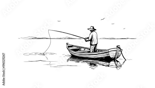 Man Fishing in a Small Boat