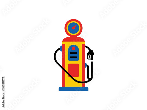 A vibrant flat vector illustration of a classic retro fuel pump, featuring a gauge and nozzle, symbolizing energy and transportation.
