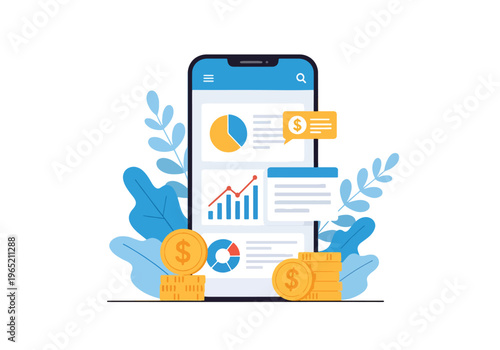 Modern flat vector illustration of fintech mobile banking app with charts and digital payment icons, financial technology business concept
