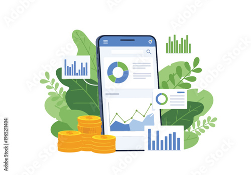 Modern flat vector illustration of fintech mobile banking app with charts and digital payment icons, financial technology business concept