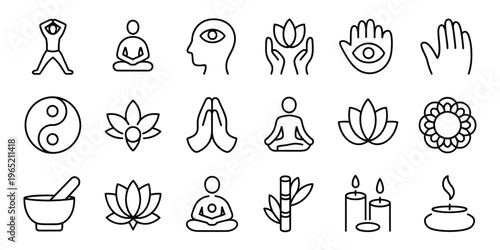 Yoga, meditation, and mind relax editable stroke outline icon, isolated on white background, flat vector illustration of person in lotus pose, mindfulness, and relaxation for wellness and mental 