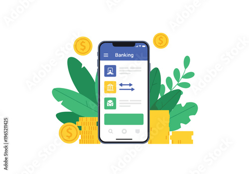 Modern flat vector illustration of fintech mobile banking app with charts and digital payment icons, financial technology business concept