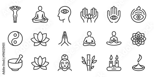 Yoga, meditation, and mind relax editable stroke outline icon, minimal flat vector illustration representing mindfulness, meditation practice, and mental well-being for apps, wellness programs, 