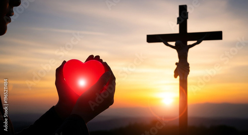 Wallpaper Mural Silhouette of hands holding a glowing heart, symbolizing love and faith, with a Christian crucifix at sunset Torontodigital.ca