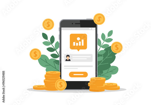 Modern flat vector illustration of fintech mobile banking app with charts and digital payment icons, financial technology business concept