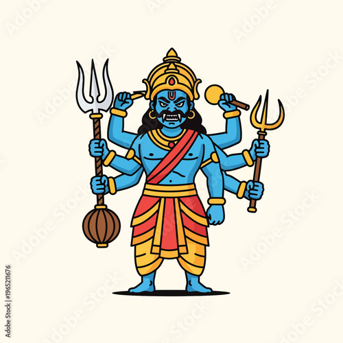 A cartoon-style illustration of a blue-skinned, multi-armed figure adorned with golden ornaments and holding various symbolic objects