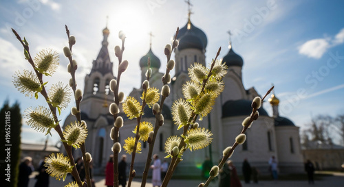 Wallpaper Mural Pussy willow branches glowing in sunlight against a beautiful Orthodox church, symbolizing spring and Easter Torontodigital.ca