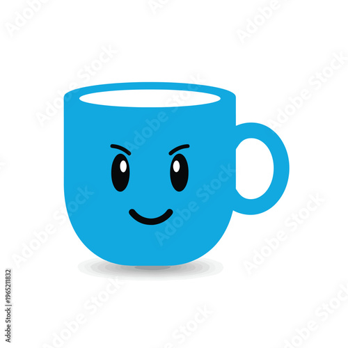 A cartoon-style illustration of a blue mug with a face. It has black eyes and a smiling mouth. The mug appears to be floating on a white background
