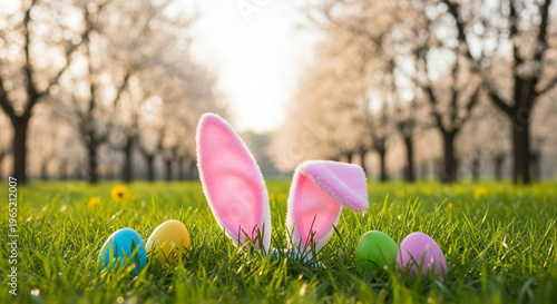 Wallpaper Mural Easter bunny ears and colorful eggs hidden in green grass during spring Torontodigital.ca