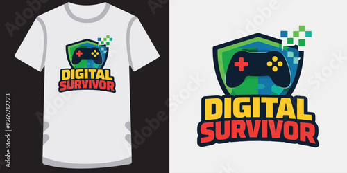 Digital survivor video game controller t shirt design for gamers.
