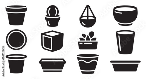 Set of potted plants and planters icons isolated on white background, filled solid black illustrations