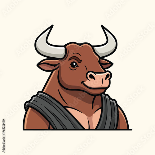 A cartoon-style illustration of a bull with a muscular build, wearing a dark gray garment around its neck. It has horns