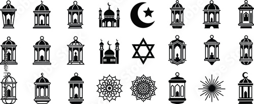 Collection of islamic and jewish symbols and lanterns