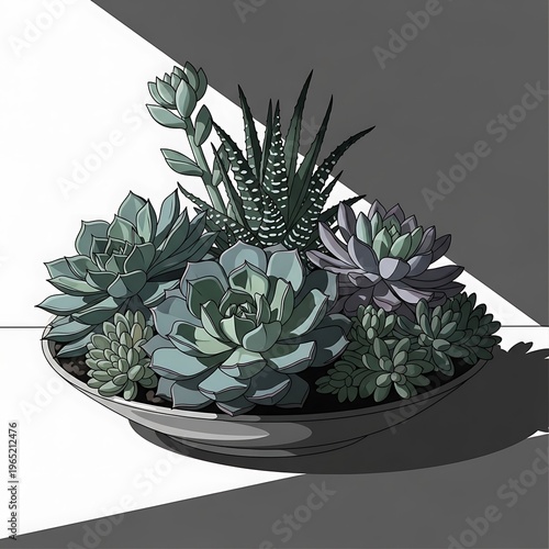 Arrangement of Succulents Illustration in a Bowl under Soft Light Strokes