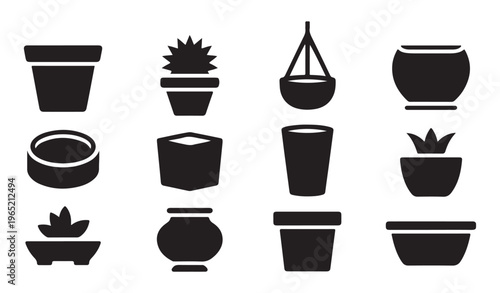 Black solid silhouettes of flower pots and plant containers in various shapes for gardening and home design