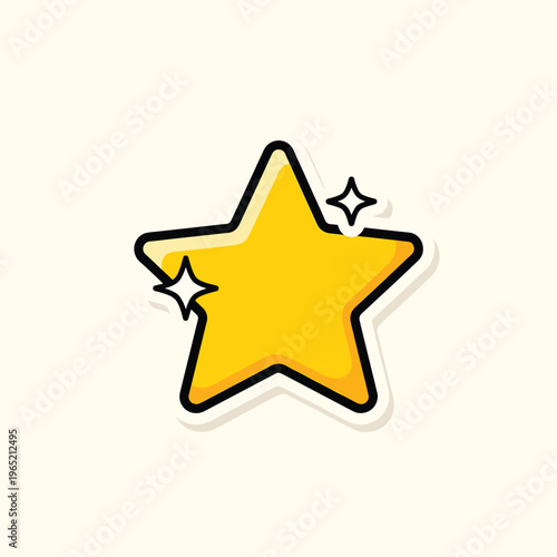 A cartoon-style depiction of a five-pointed star with a yellow fill and a black outline with small shining accents on the side