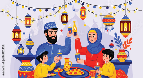 Family celebrating ramadan with traditional food and decor