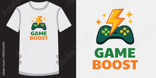 Game boost t shirt design with controller and lightning.
