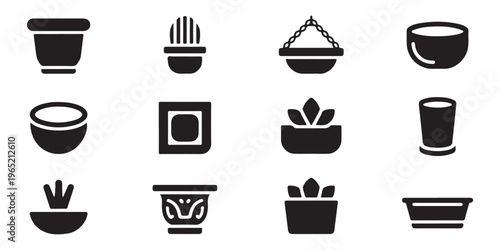 Decorative plant pot silhouettes featuring unique shapes bowl designs and hanging containers for horticulture