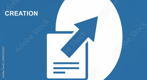 a blue and white graphic with an arrow pointing up.