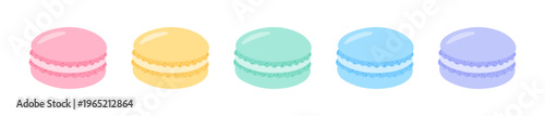 Colorful macaron cookies set, pastel dessert illustration. Sweet bakery treats with creamy filling isolated on white background. Minimal flat style for menu, packaging, decoration