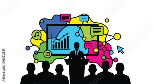 Business professional delivering a vibrant presentation about digital marketing growth and social media strategy to an attentive audience silhouette in a colorful abstract setting