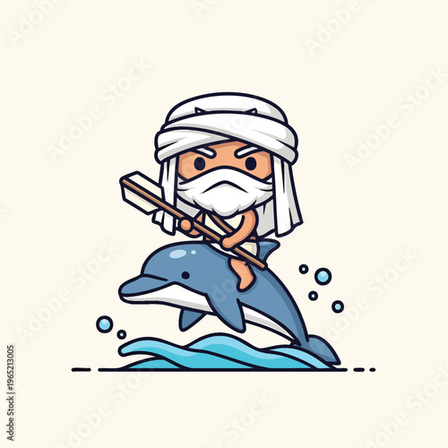 A cartoon-style illustration features a character riding a dolphin. The character wears a turban and beard, holding a stick. Bubbles, waves, simple style