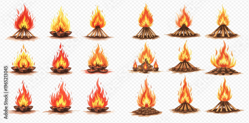 Set of realistic campfire illustrations with burning logs and bright flames on a transparent background.