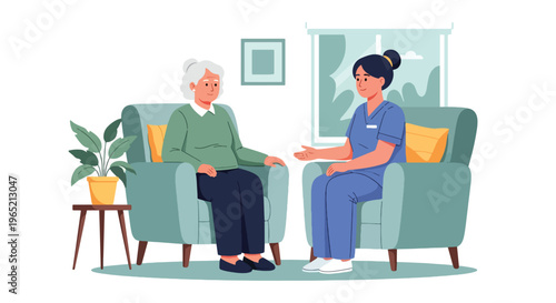 Modern flat vector illustration of elderly mental health support with caregiver listening to senior, emotional wellbeing and healthcare assistance concept