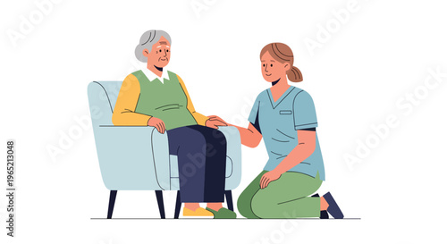 Modern flat vector illustration of elderly mental health support with caregiver listening to senior, emotional wellbeing and healthcare assistance concept