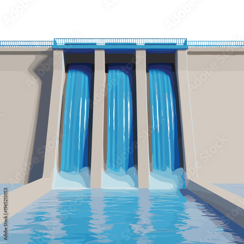 Hydroelectric dam vector illustration with water rushing through spillways for renewable energy and green power concepts