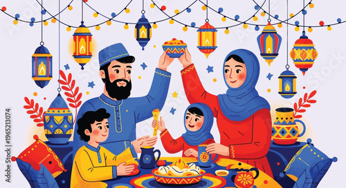 A muslim family celebrating a festive occasion with traditional decorations