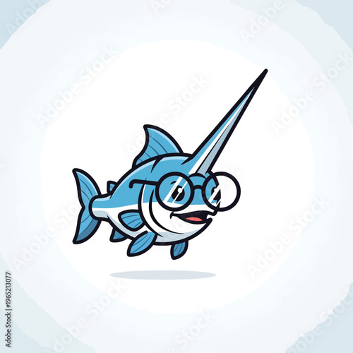 A cartoon-style illustration of a fish with a long, pointed nose wearing round glasses, smiling, and swimming with fins