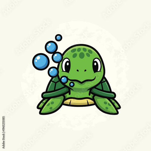 A cartoon-style illustration of a cheerful sea turtle. It is green with a yellow belly and bubbles floating around it on a light background