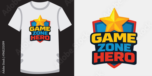 Game zone hero t-shirt design with a star and shield emblem for gaming champions.