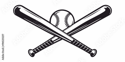 A crossed baseball bat and ball illustration in black and white
