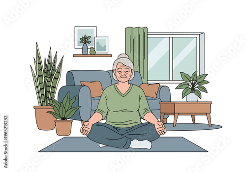 Modern flat vector illustration of elderly woman practicing mindfulness meditation, stress relief and mental wellness concept for seniors