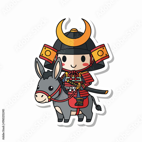 A cartoon samurai on a donkey, both colored and designed in a sticker-like style, on a white background with a shadow